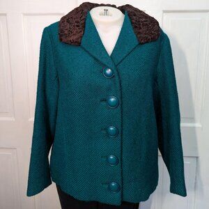 1960's Italian Dark Teal Wool Boucle Blazer with Persian Lamb Collar